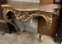 A Louis XV style carved giltwood serpentine console table, width 120cm, depth 50cm, height 89cm
