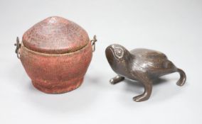 A Chinese bronze toad, a wood figure of an immortal and a woven basket and coverCONDITION: Locked