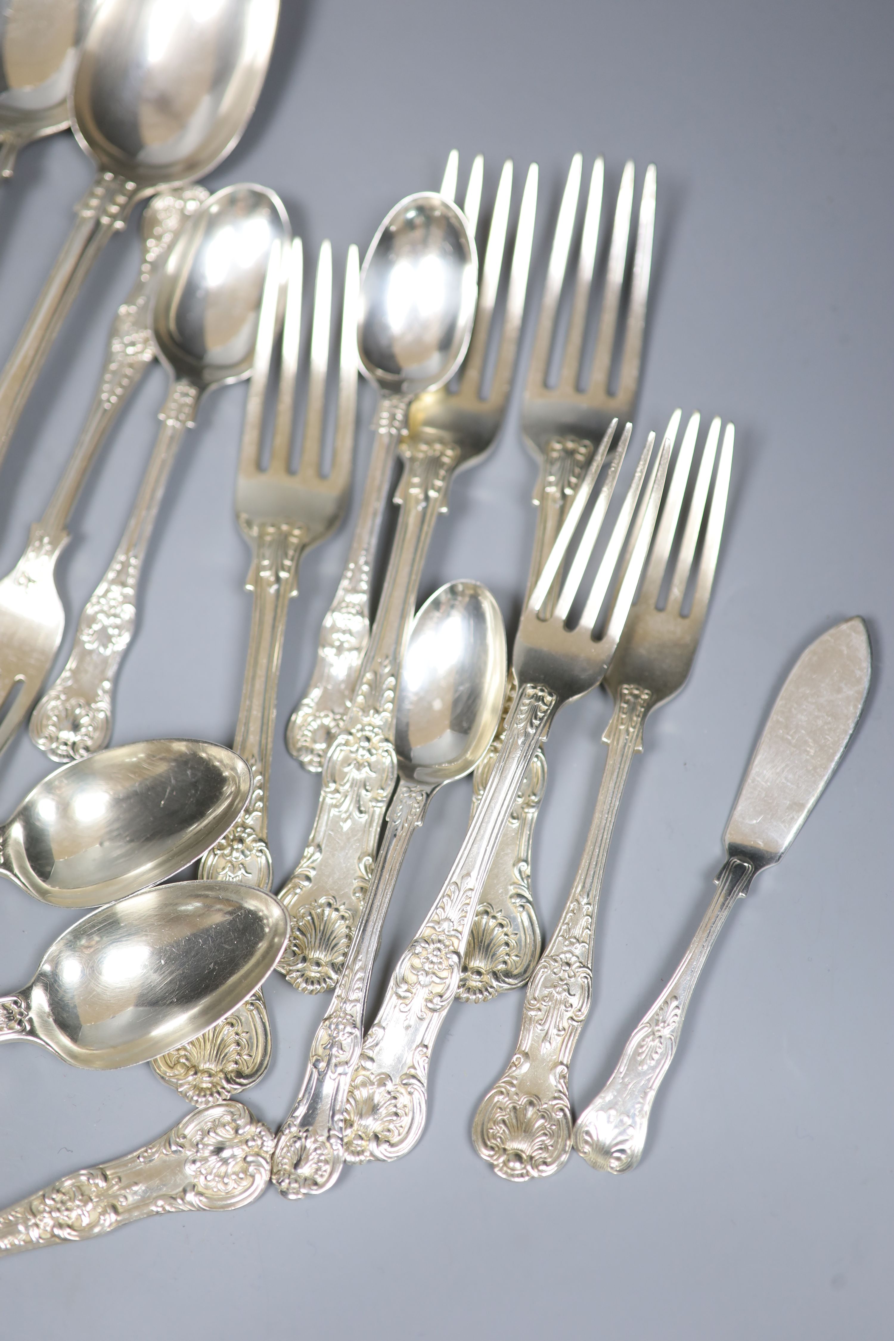 A matched 19th century and later King's pattern part service of silver flatware, various dates and - Image 4 of 7