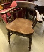 A late Victorian beech smoker's bow elbow chair, width 67cm, depth 48cm, height 82cm