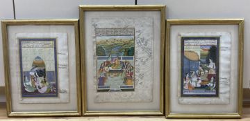 Indian School, Mughal style three gouache on inscribed paper pages, Lovers in gardens, largest 35