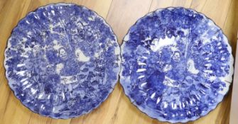 A pair of large late 19th century Japanese blue and white chargers, diameter 46cm