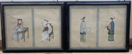 Chinese School c.1910, four gouache on silk, Designs for costume, late Qing, 28 x 19cm, mounted in