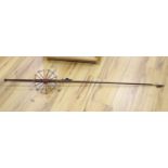 A Chinese wood and bamboo fishing rod with reel, Qing Dynasty, approx. length 142cm