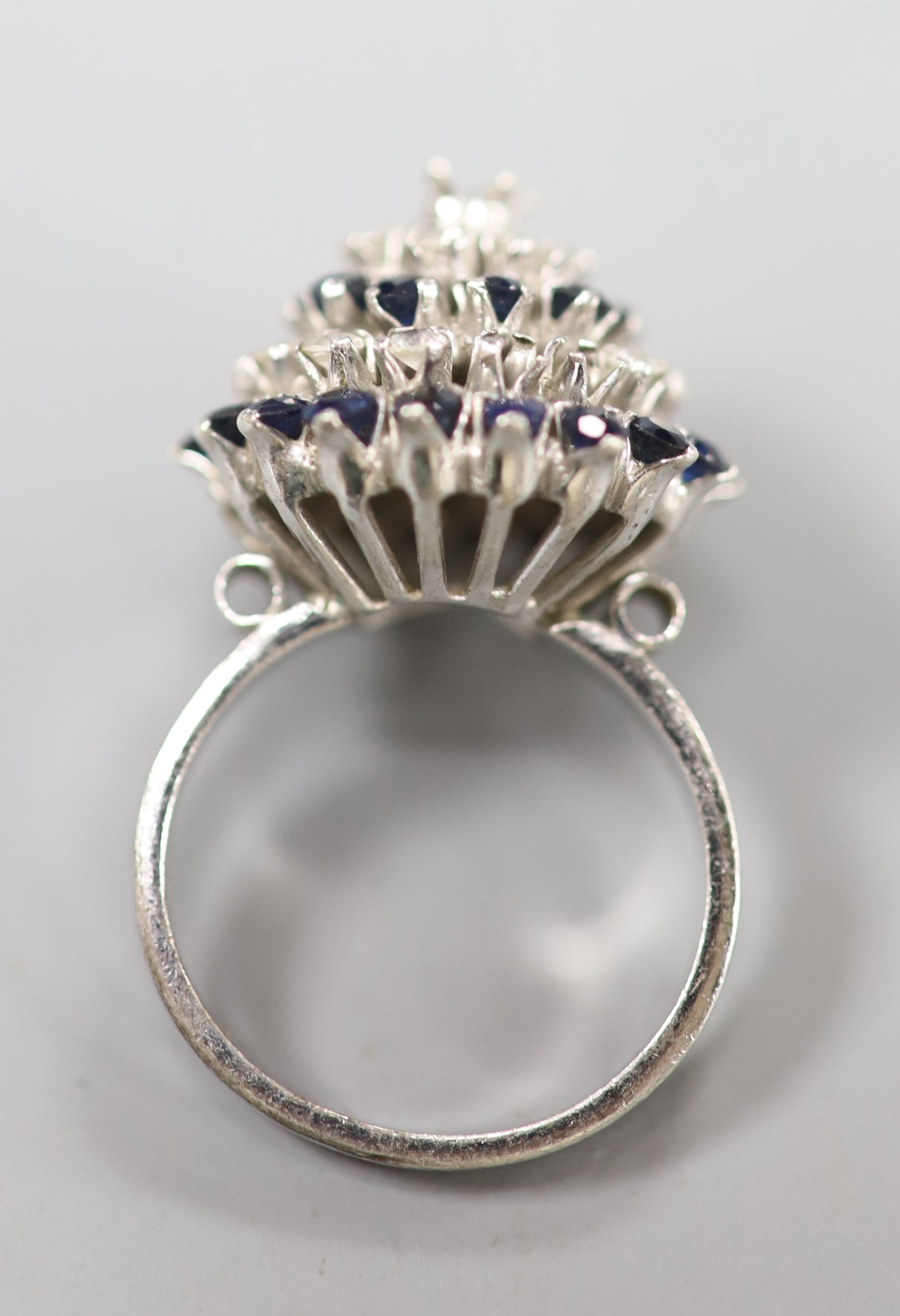 A white metal (stamped 18k) and two colour sapphire? set raised cluster ring, size K/L, gross 5.2 - Image 3 of 3