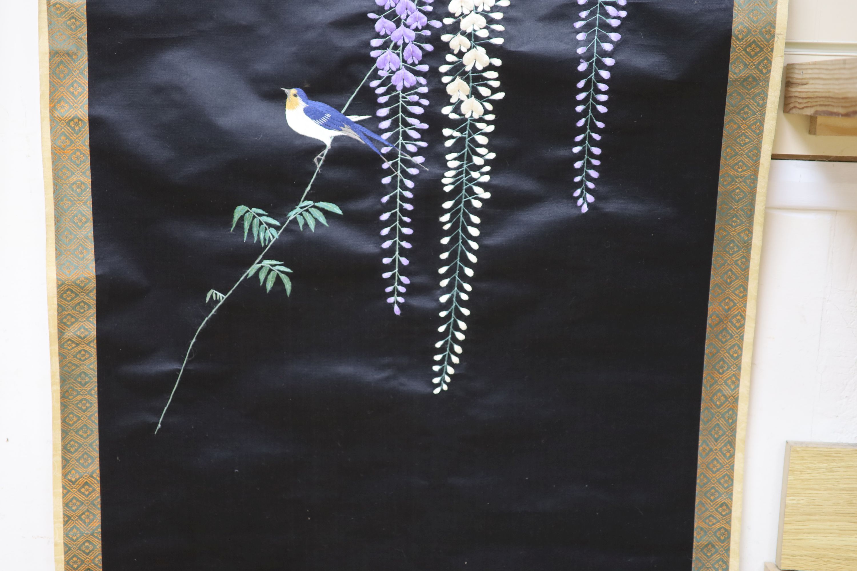 A Japanese embroidered 'wisteria' hanging scroll, overall length 170cm - Image 5 of 6