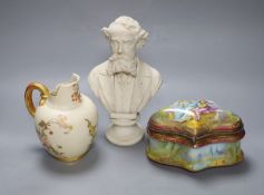 A Royal Worcester blush group cream jug, a Parian bust and a gilt metal mounted porcelain casket,