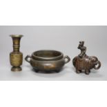 A Chinese late Ming bronze miniature vase, a modern censer and a Japanese elephant censer with boy