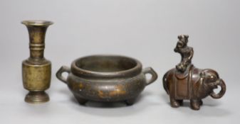 A Chinese late Ming bronze miniature vase, a modern censer and a Japanese elephant censer with boy