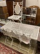 A painted metal rectangular garden table, length 152cm, depth 76cm, height 76cm together with four