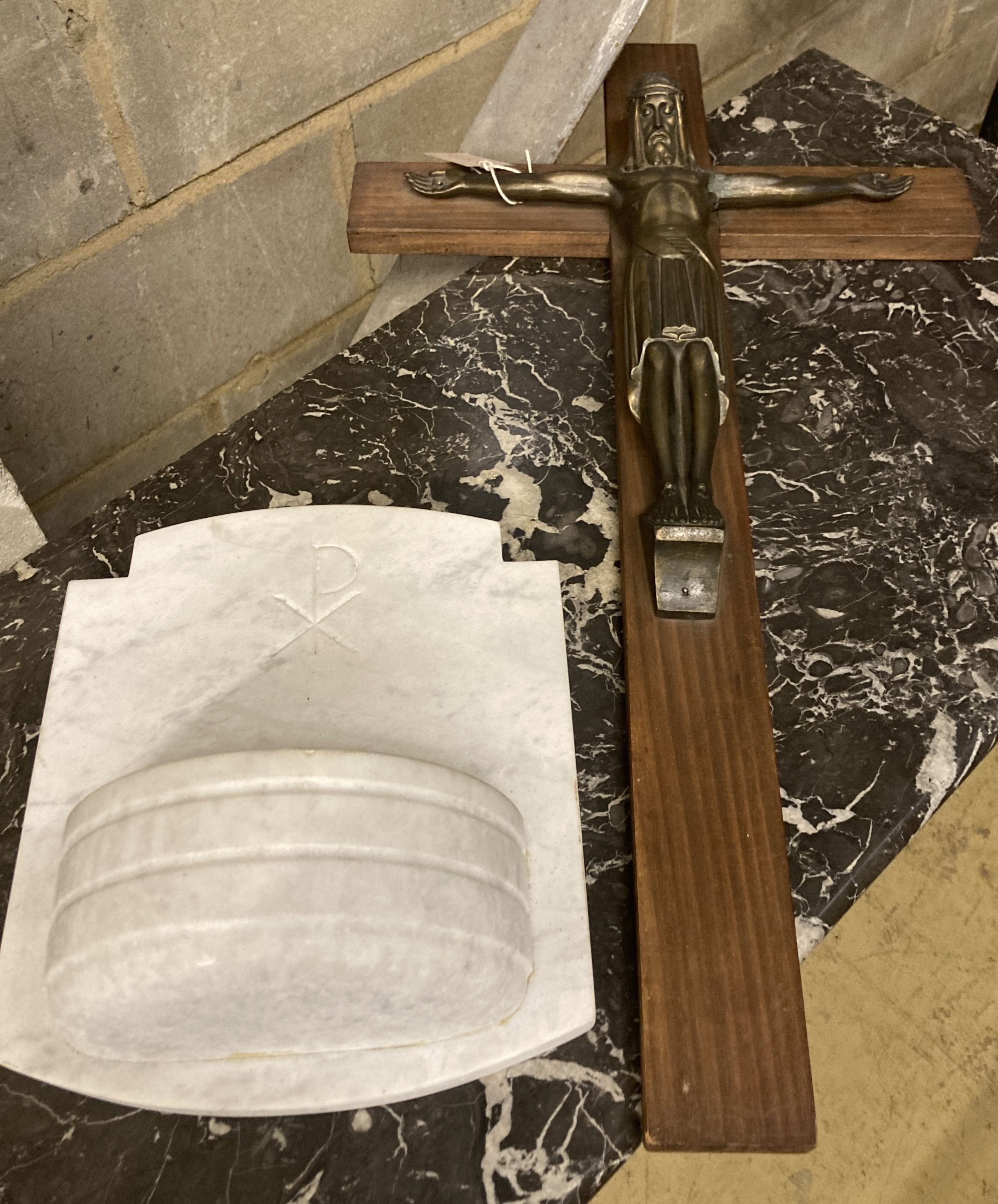 A white marble church font and a crucifix, height 75cm