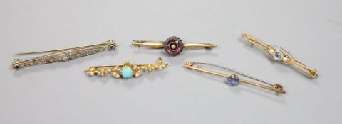 Five assorted bar brooches including early 20th century yellow metal sapphire and diamond set, a