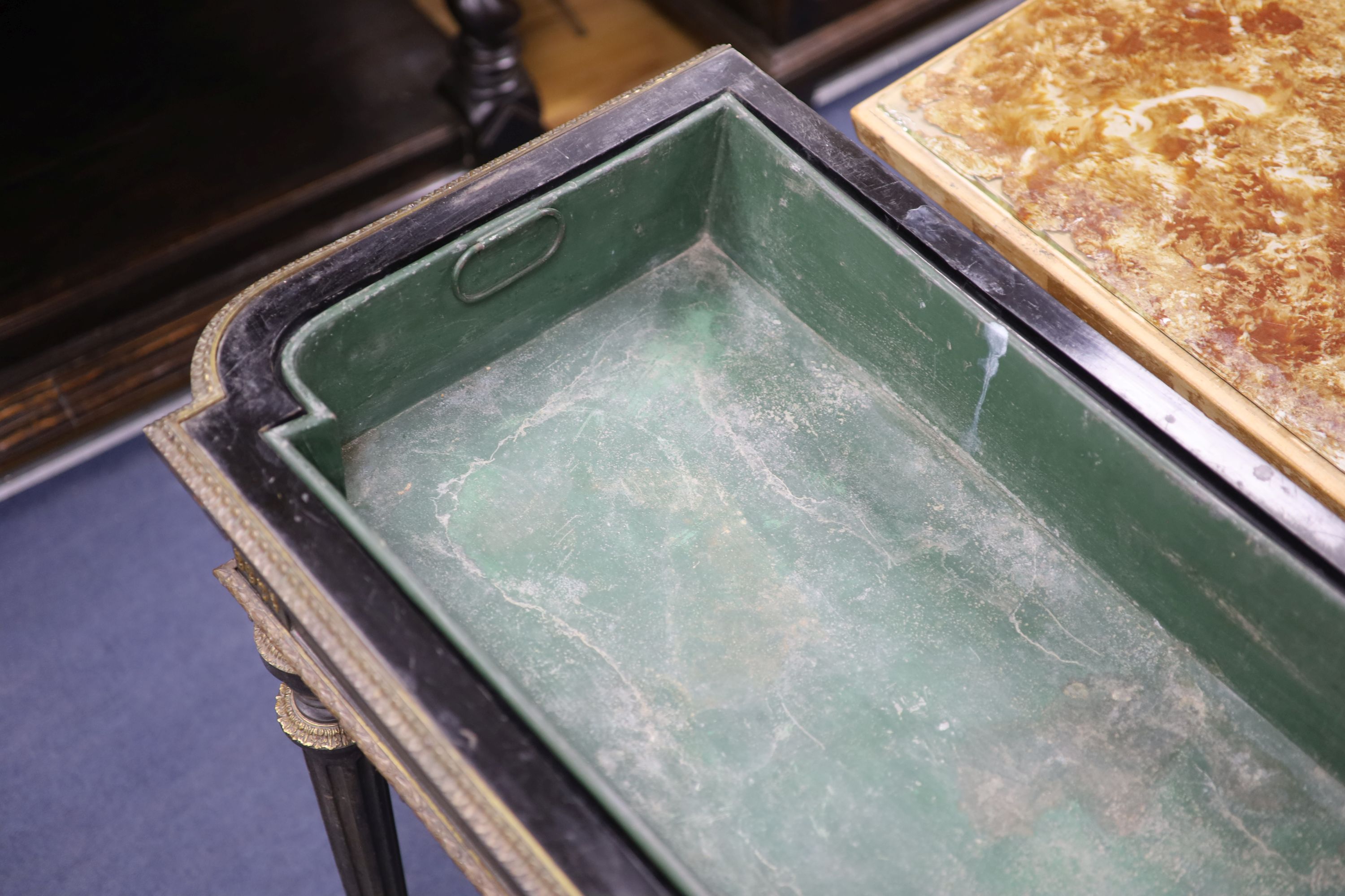 A 19th century French ebonised marble top jardiniere table, width 88cm, depth 48cm, height 86cm - Image 6 of 8