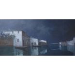Mario Foscarini, oil on canvas, Moonlit Venetian canal scene, signed, 50 x 100cm