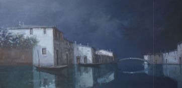 Mario Foscarini, oil on canvas, Moonlit Venetian canal scene, signed, 50 x 100cm