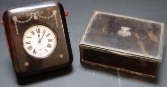 A George V silver mounted tortoiseshell casket, 11.5cm and a similar travelling watch case with