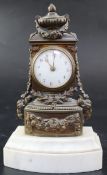 A French bronze and marble mantel timepiece, c.1900, with 5cm enamel dial, the elaborate case