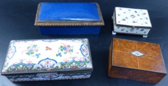 A burr wood cigarette box and three ormolu mounted ceramic caskets, largest 20cmCONDITION: -