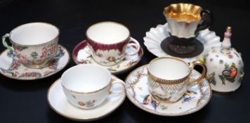 Five Continental porcelain cups and saucers, 19th century, to include: a Meissen Empire cup and