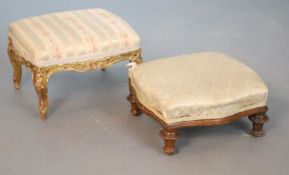 A Louis XVI style giltwood foot stool, with oblong seat on foliated carved cabriole legs, and a