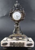 A late 18th century French marble and bronze mantel timepiece, with 5cm enamel dial and early 18th