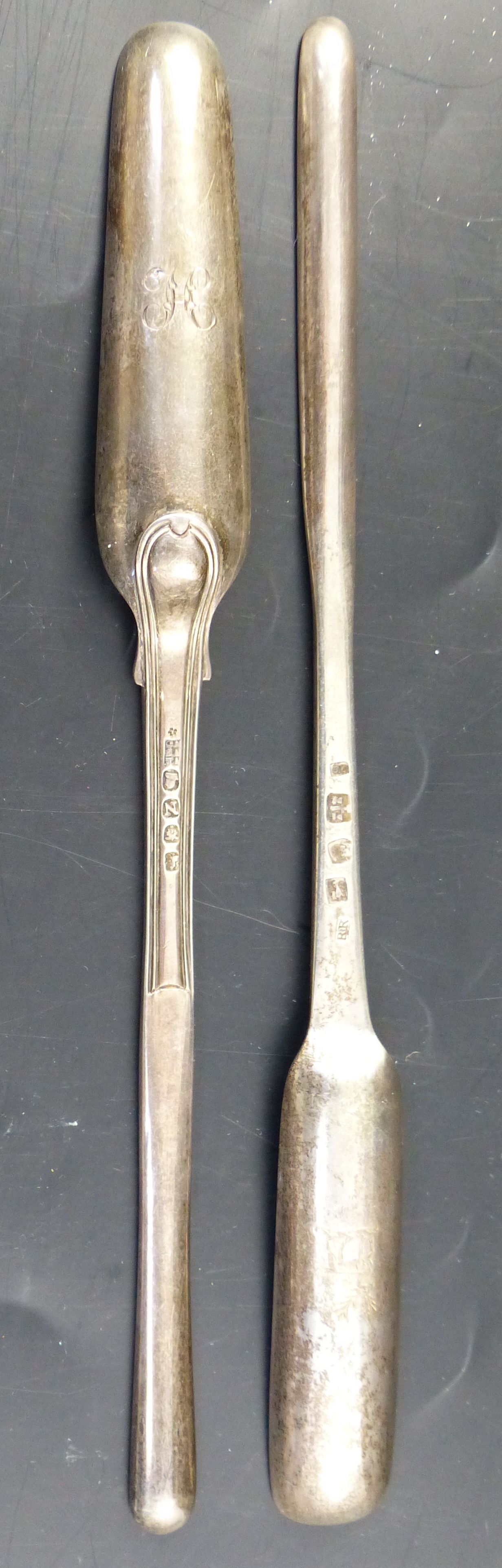 Two 19th century silver marrow scoops, thread pattern by Eley, Fearn & Chawner, London, 1808 and