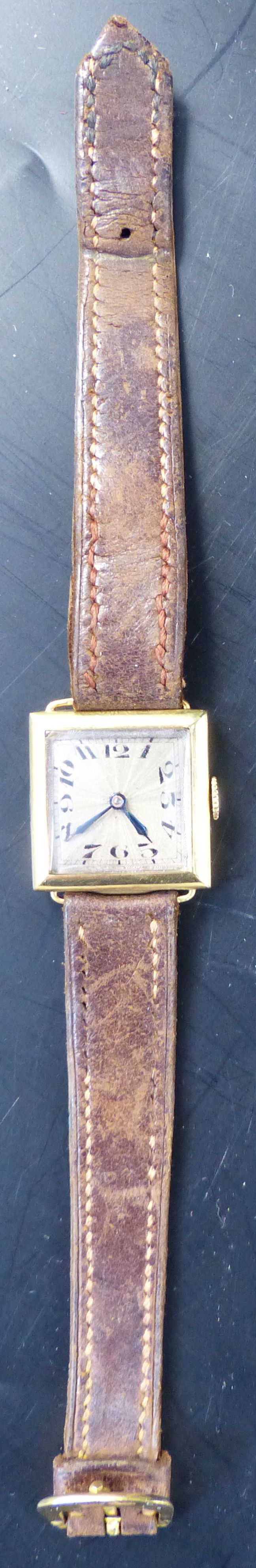 A 1920's lady's 18ct gold square dial manual wind wrist watch, 21mm, gross 14.8 grams and a white - Image 8 of 9