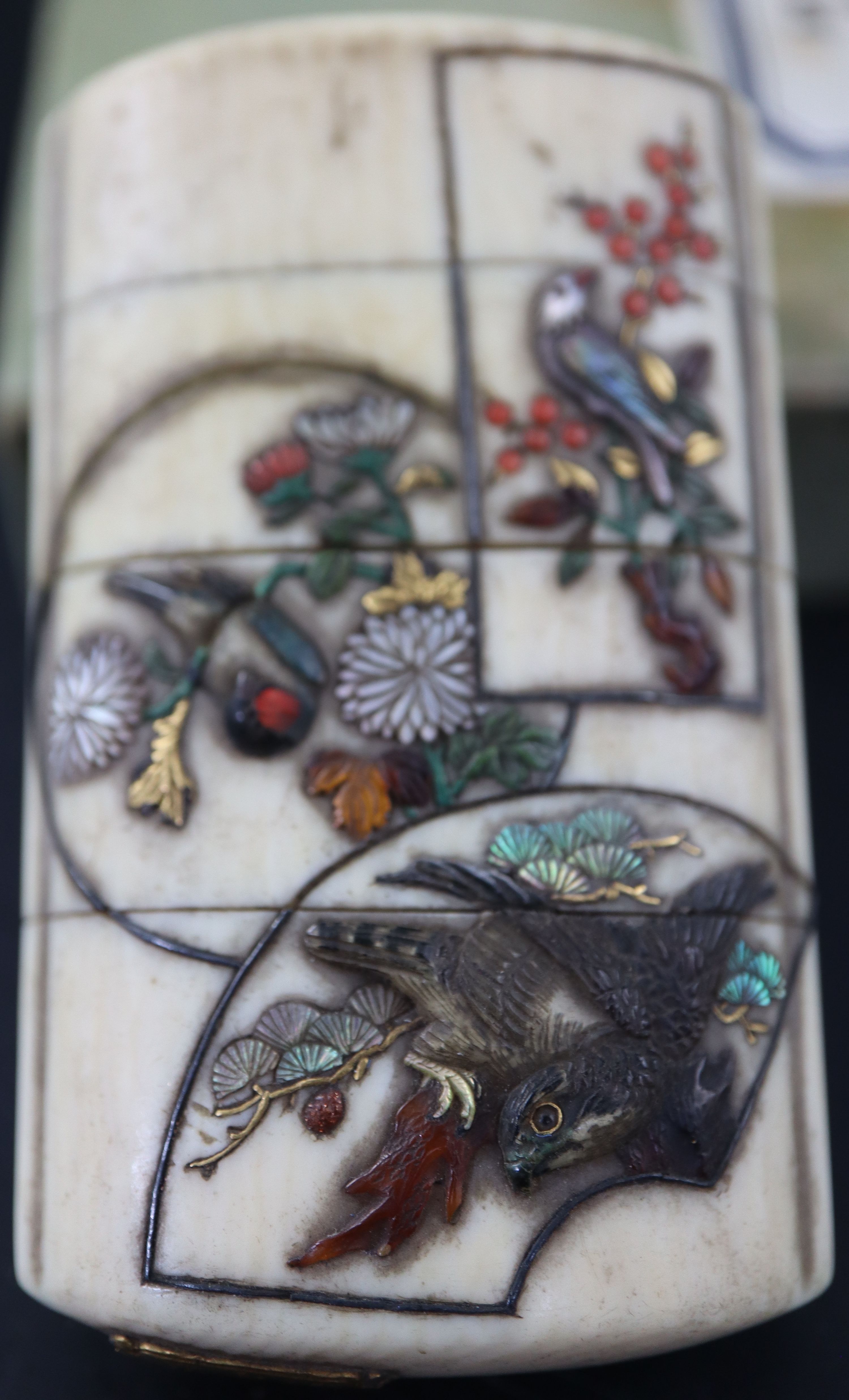 A Japanese Meiji period ivory and shibayama three division inro, decorated with panels of birds - Image 9 of 13