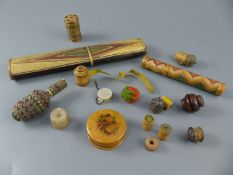 A collection of early 19th century and Victorian sewing accessories including beadwork and straw