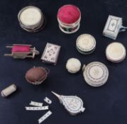 A collection of twelve 19th century carved ivory and bone pin cushions including basket shaped and