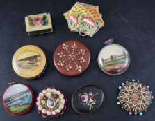 Ten assorted 19th century pin cushions including Tunbridgeware, printed and shell workCONDITION: -