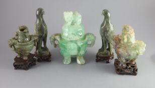 A large Chinese green quartz tripod censer, a Chinese green jade tripod censer, incomplete, a