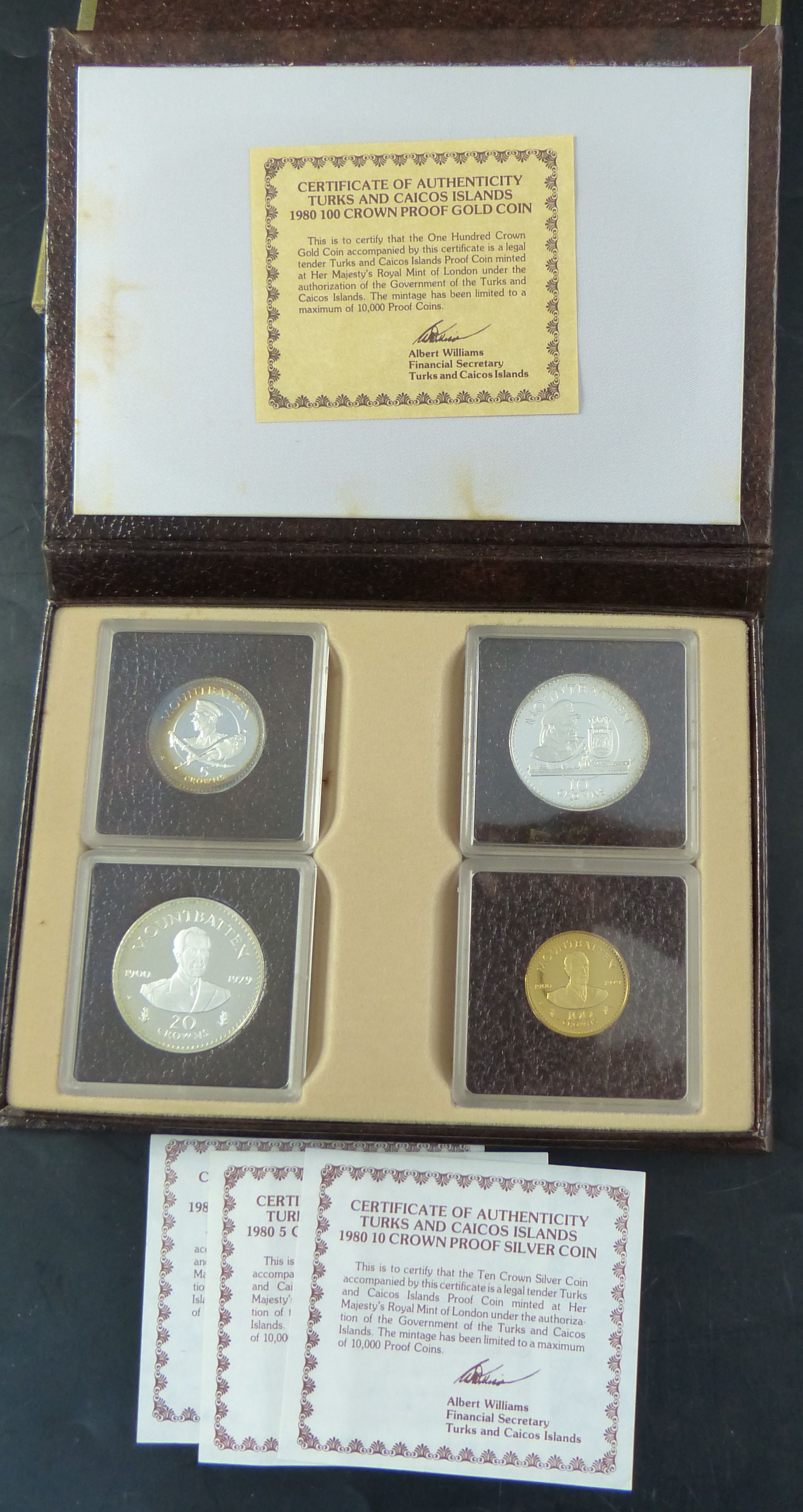 Three Turks and Caicos Islands proof coin sets, 1980 set of four 100 crown proof gold coin with 2010 - Image 3 of 9