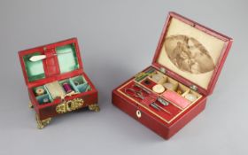 Two early 19th century red leather work boxes with assorted fittingsCONDITION: - plain rectangular