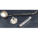A George III white metal toddy ladle, 30.7cm (handle damaged) and two later sealing wax holders, one