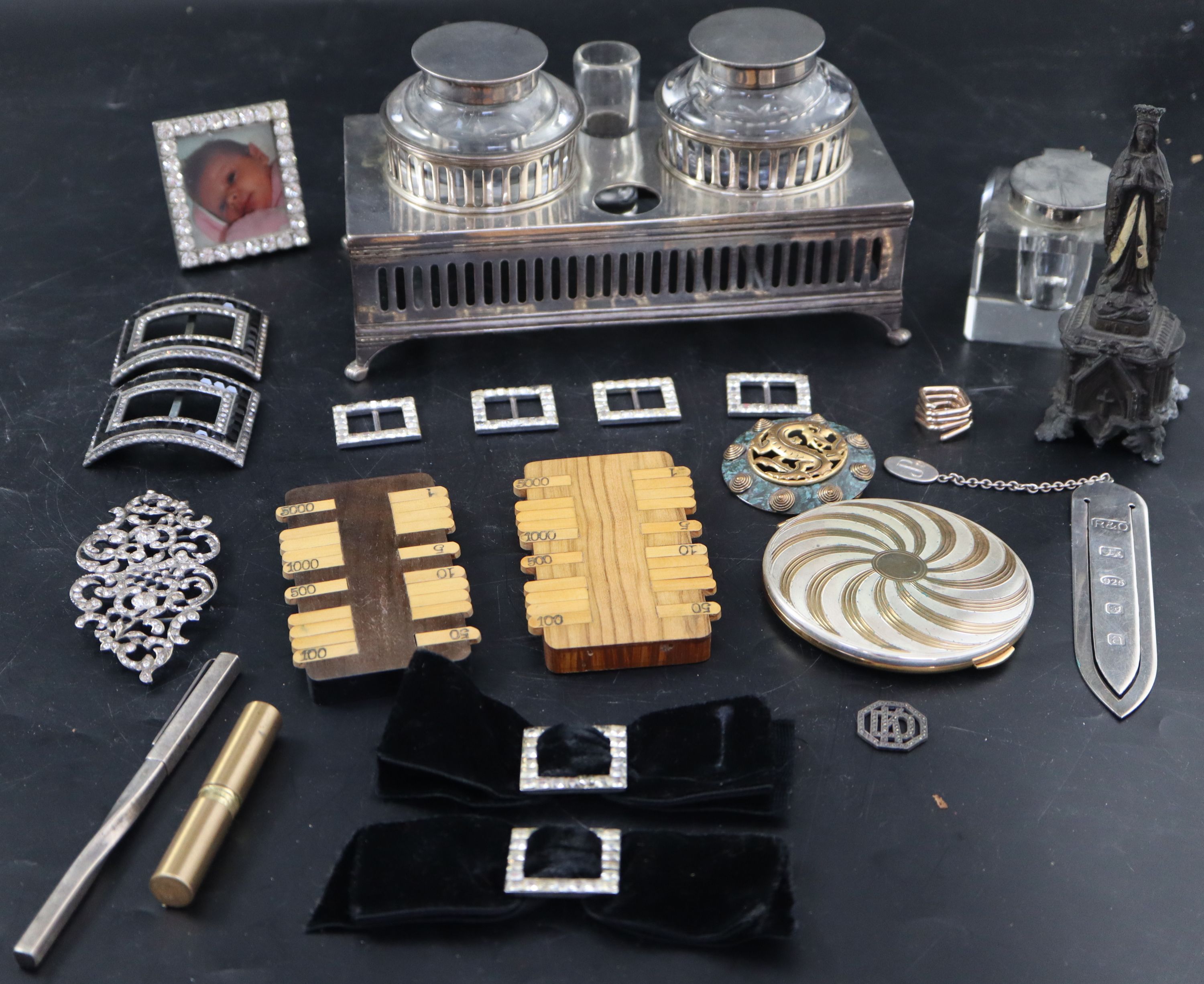 A group of assorted curios including an inkstand and a silver bookmarkCONDITION: - Sheffield plate