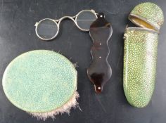 A pair of early 19th century silver and tortoiseshell lorgnette spectacles, housed in a shagreen