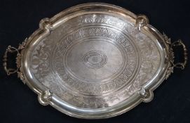 An Austro-Hungarian two handled oval 800 white metal tray, c.1880, with inset wooden base, the