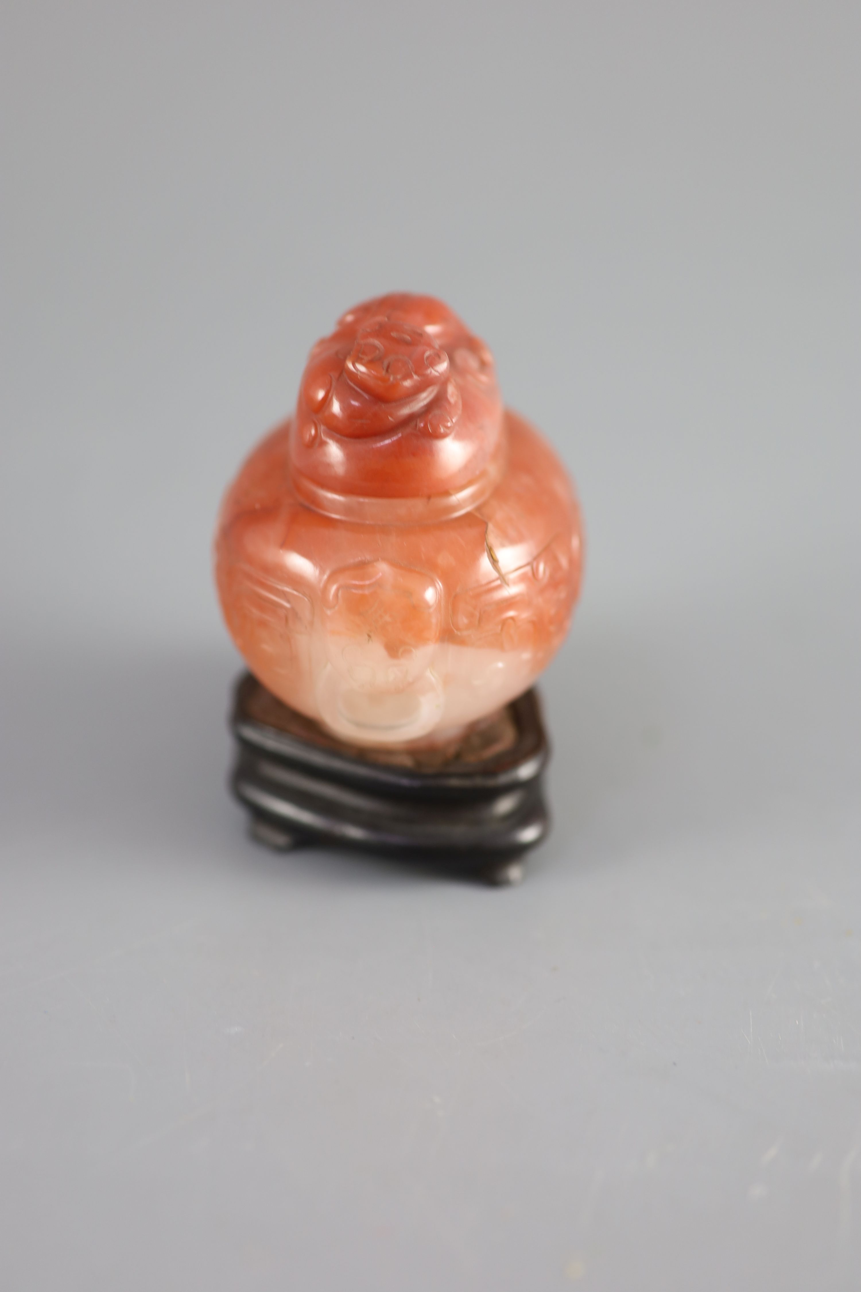 A small Chinese cornelian jar and cover, Qing dynasty, 18th/19th century, the globular vessel carved - Image 3 of 6
