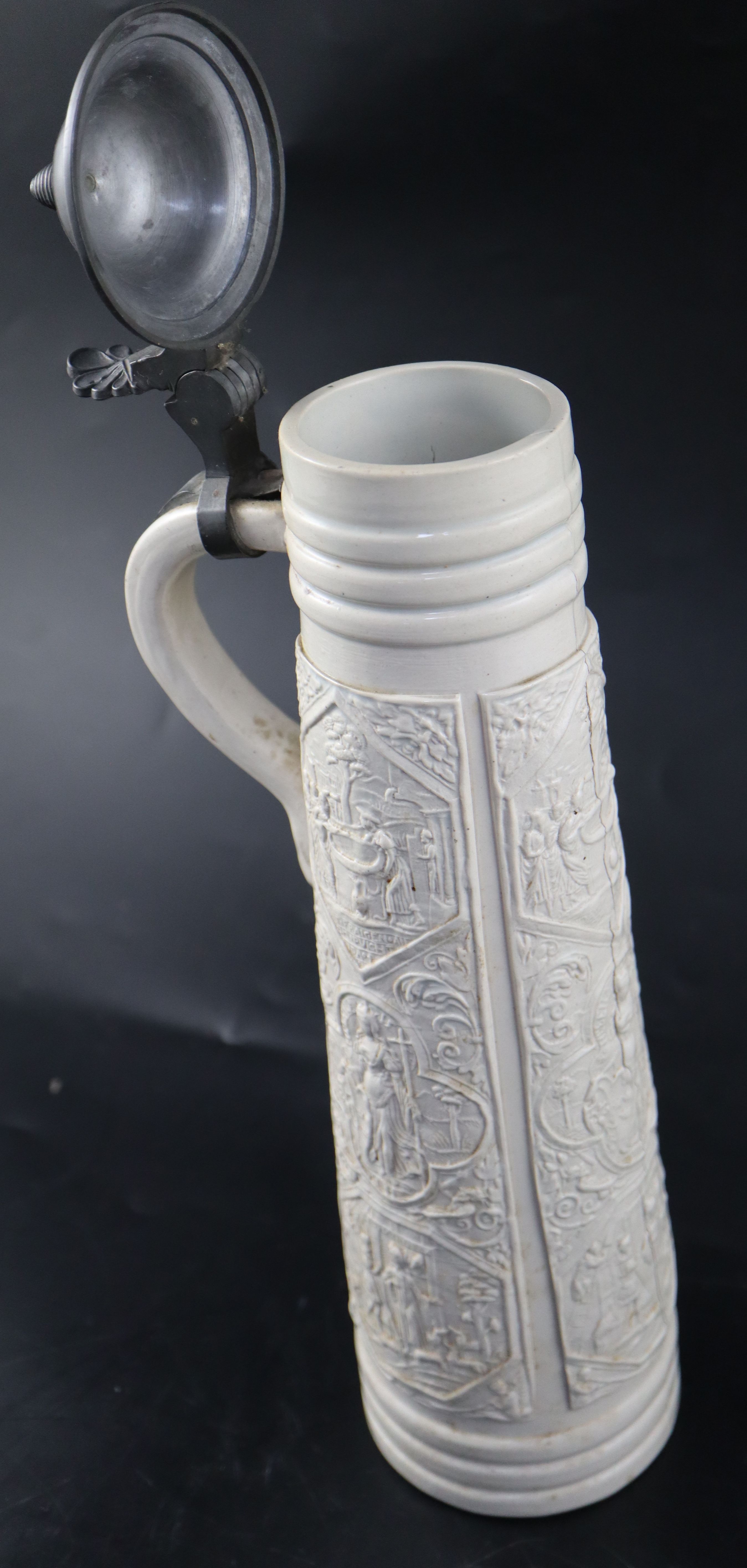 An 18th century Continental pewter flagon, initialled and dated 1777, height 35cm, a later flagon - Image 17 of 17