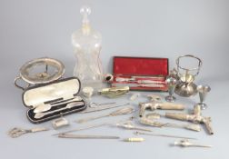 A group of assorted small silver including christening sets, an hourglass decanter and sundry plated