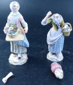 A pair of early 20th century Meissen figures of street vendors, 14cm (a.f.)CONDITION: Flower