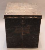 An early 20th century black painted tin travelling trunk, inscribed 'Lady Brabourne' with old