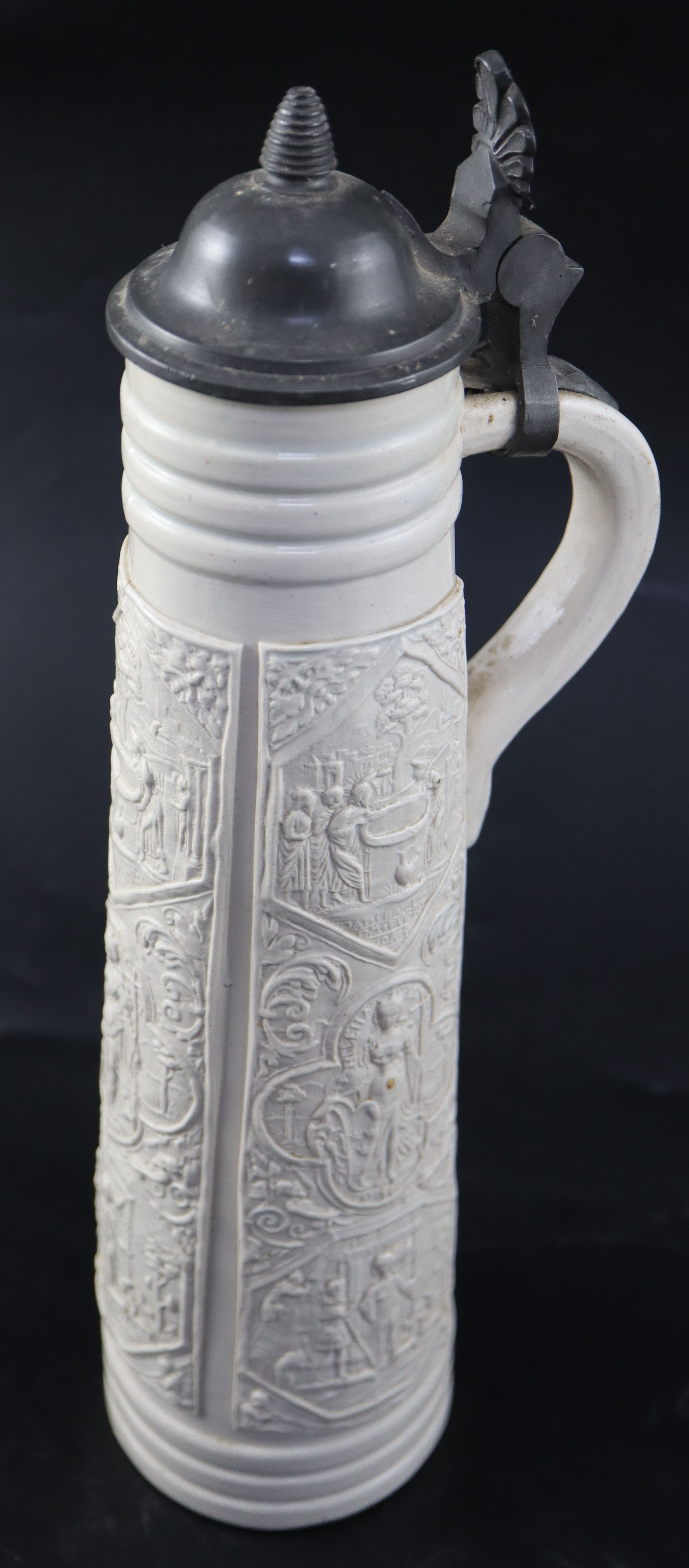 An 18th century Continental pewter flagon, initialled and dated 1777, height 35cm, a later flagon - Image 8 of 17
