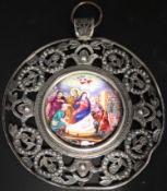 A mid 19th century Austro-Hungarian silver framed enamel plaque, depicting The Nativity, the frame
