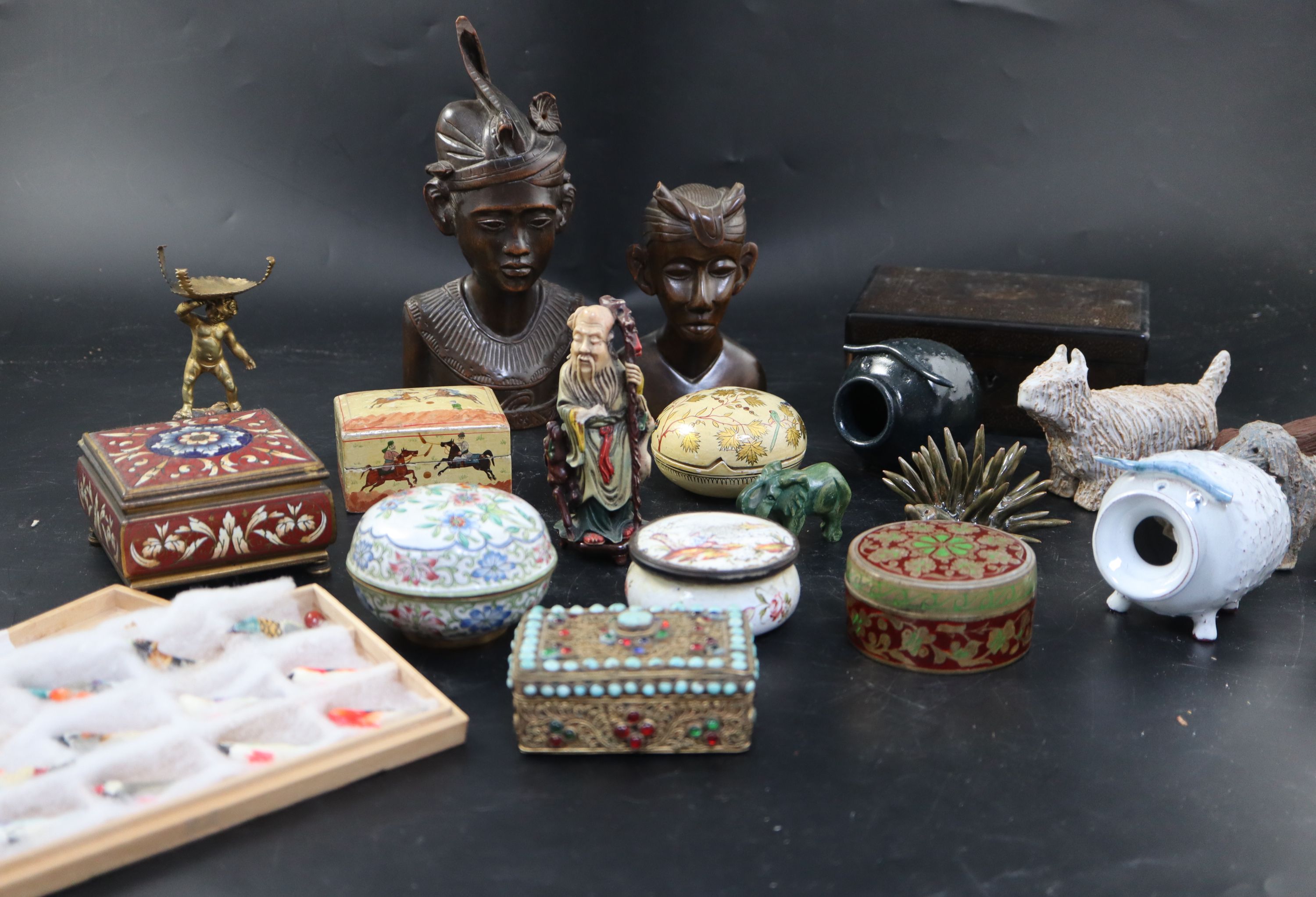 A group of assorted boxes and ornaments including French enamel and TibetanCONDITION: - late 19th