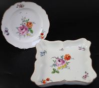 Two Meissen dishes,A Meissen square shaped dish, the square dish painted with scattered floral