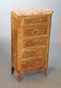 A Louis XVI style kingwood commode, with scrambled marble top and five small drawers, on squared