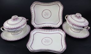 A pair of Wedgwood creamware oval sauce tureens, covers and fixed stands, and three matching serving