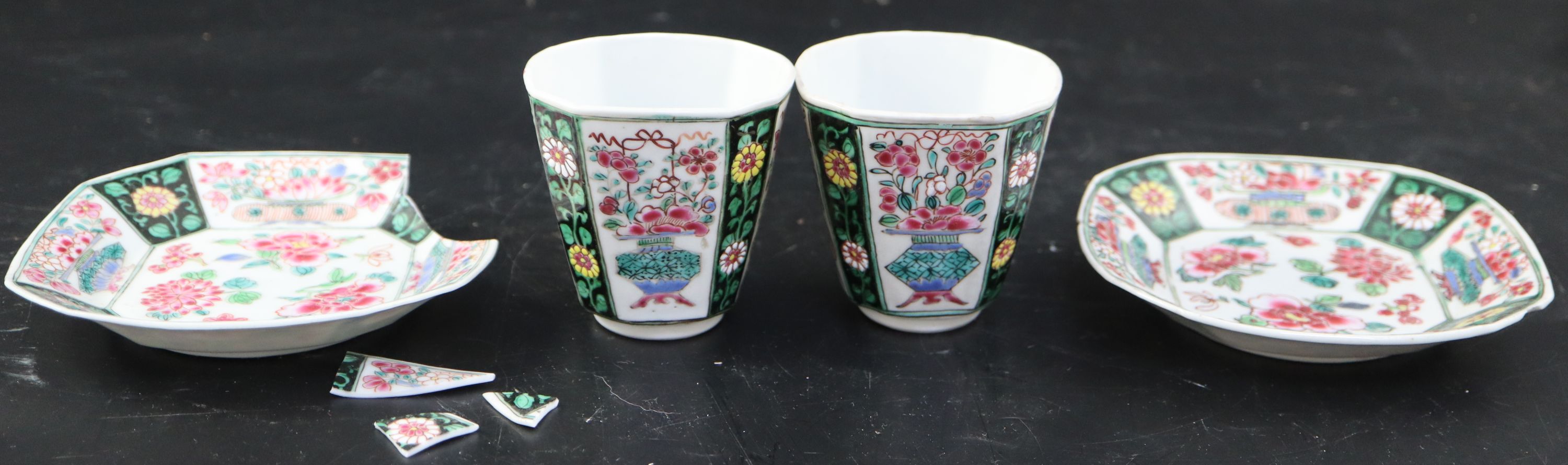 A pair of Chinese Qianlong famille rose octagonal cups and saucers, with panelled floral decoration, - Image 5 of 7